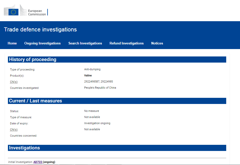 Anti-dumping Investigation on Valine by the European Commission